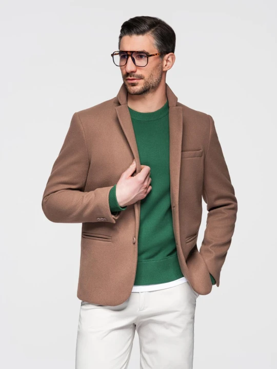 Zdjęcie produktu Marynarka męska casual z ozdobnymi guzikami na mankietach - jasnybrąz V2 - Rozmiar: S Ombre Clothing brązowy