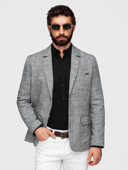 Zdjęcie produktu Marynarka męska o kroju REGULAR z lnem - grafitowa V5 Ombre Clothing czarny