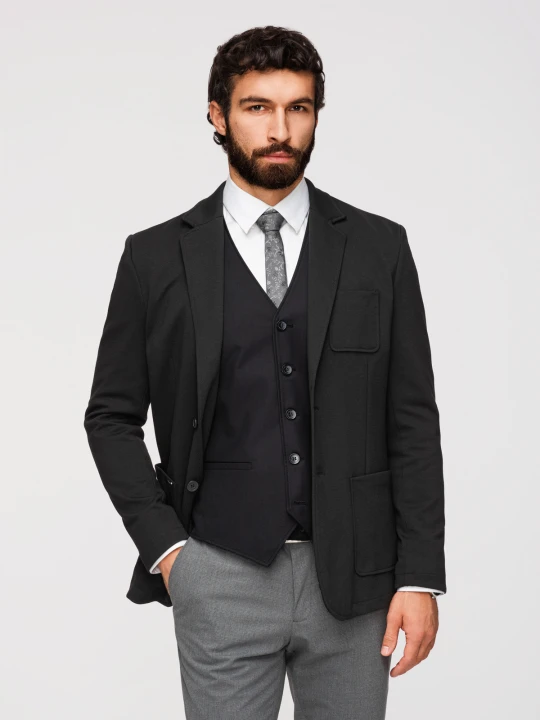 Zdjęcie produktu Marynarka męska SLIM z dzianiny o subtelnej strukturze – czarna V2 - Rozmiar: L Ombre Clothing