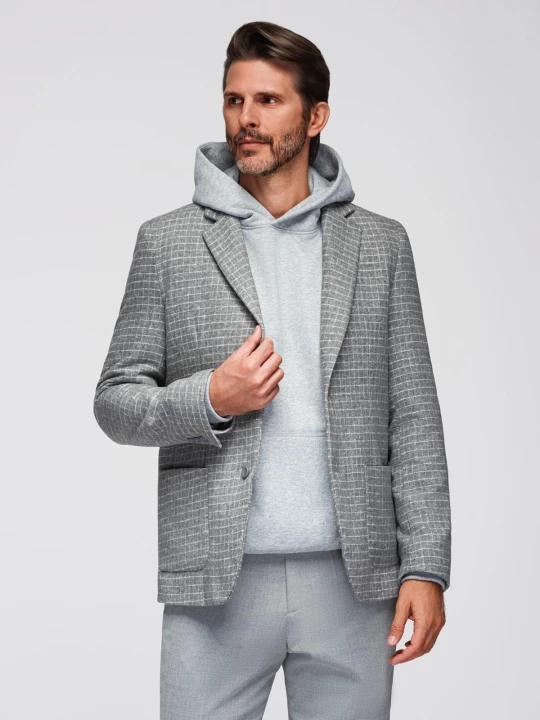 Zdjęcie produktu Marynarka męska w kratę z dodatkiem wełny - szara V1 - Rozmiar: S Ombre Clothing