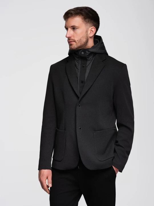 Zdjęcie produktu Marynarka męska z podpinką z wysokim kołnierzem i kapturem – czarna V2 - Rozmiar: M Ombre Clothing