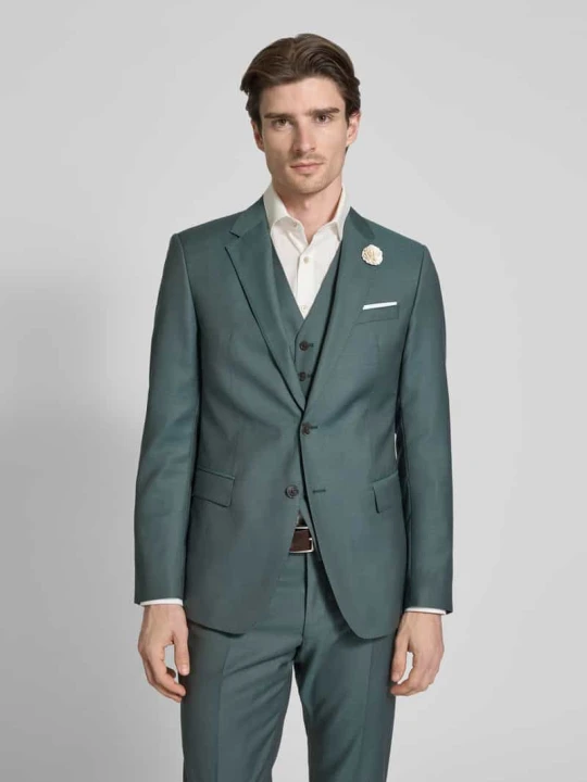 Zdjęcie produktu Marynarka na 2 guziki męska JOOP! Collection; Czysta żywa wełna; Krój regular fit; Model ‘Herby’; Kołnierz z połami; Detal z logo; Kieszeń na piersi; Kieszenie z patką Zielony