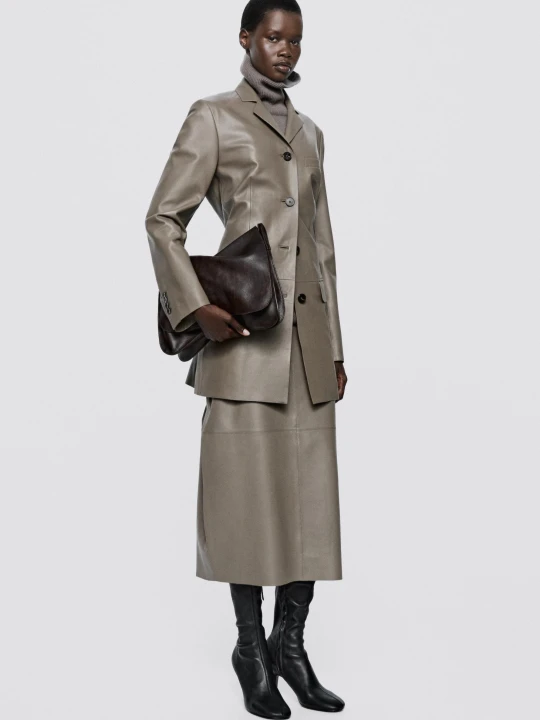 Zdjęcie produktu Marynarka Ze Skóry Nappa - Limited Edition - Szarobrązowy - Massimo Dutti - Female