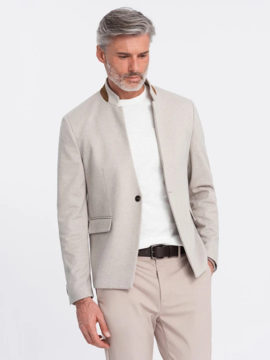 Zdjęcie produktu Melanżowa męska marynarka z dodatkiem rayonu ze stójką – beżowy melanż V3 - Rozmiar: M Ombre Clothing