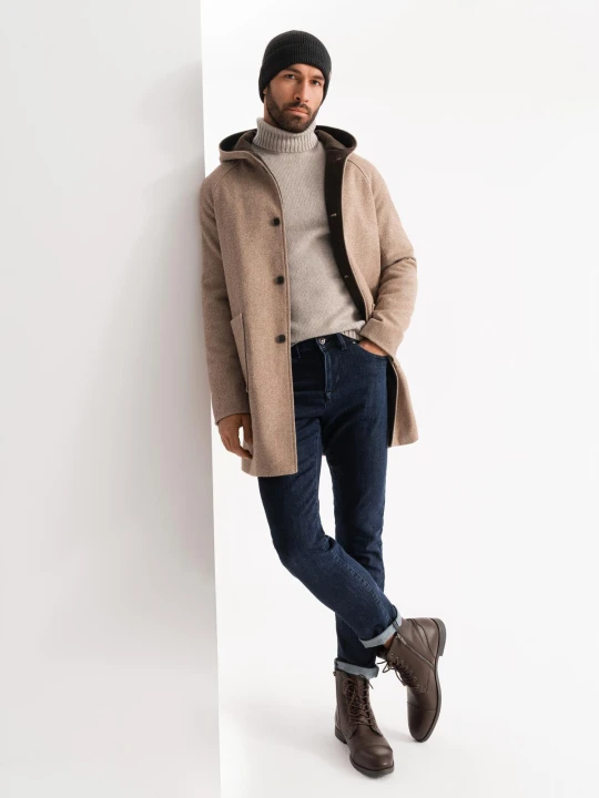 Zdjęcie produktu Melanżowy długi męski płaszcz z kapturem – beżowy V2 Ombre Clothing