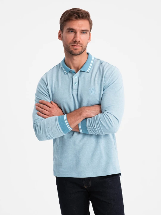 Zdjęcie produktu Melanżowy longsleeve męski polo z haftem – niebieski melanż V3 - Rozmiar: S Ombre Clothing