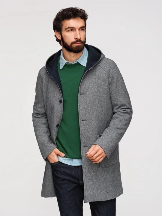 Zdjęcie produktu Melanżowy męski długi płaszcz z kapturem – szary V1 - Rozmiar: L Ombre Clothing granatowy
