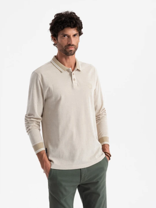 Zdjęcie produktu Melanżowy męski polo longsleeve z haftem – piaskowy melanż V4 - Rozmiar: L Ombre Clothing