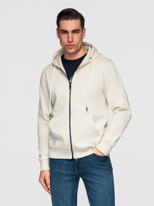 Zdjęcie produktu Męska bawełniana bluza dresowa BASIC rozpinana z kapturem - kremowa V11 Ombre Clothing kremowy