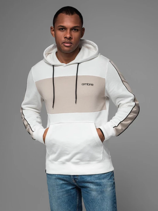 Zdjęcie produktu Męska bawełniana bluza z kapturem z kontrastującymi elementami - biała V1 - Rozmiar: XXL Ombre Clothing