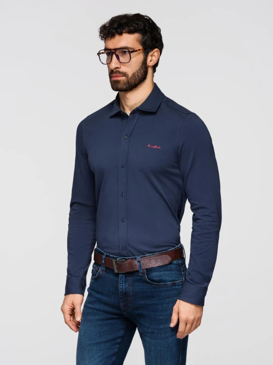 Zdjęcie produktu Męska bawełniana koszula REGULAR z kontrastowym haftem - granatowa V2 - Rozmiar: M Ombre Clothing