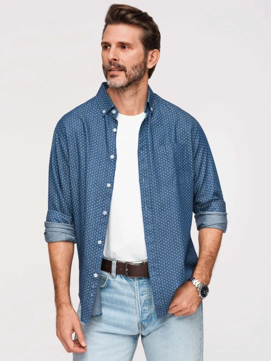 Zdjęcie produktu Męska bawełniana koszula z cienkiego jeansu we wzór– niebieska V2 Ombre Clothing