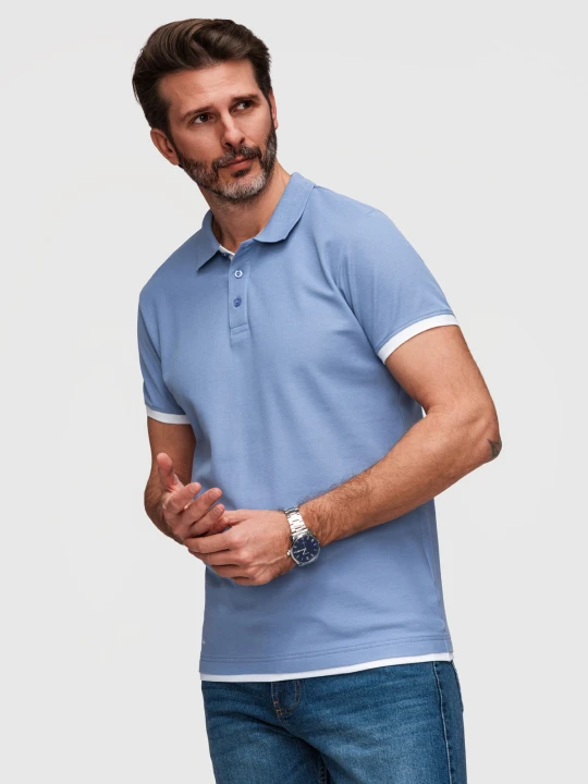 Zdjęcie produktu Męska bawełniana koszulka polo z kontrastowym wykończeniem – niebieska V3 - Rozmiar: L Ombre Clothing