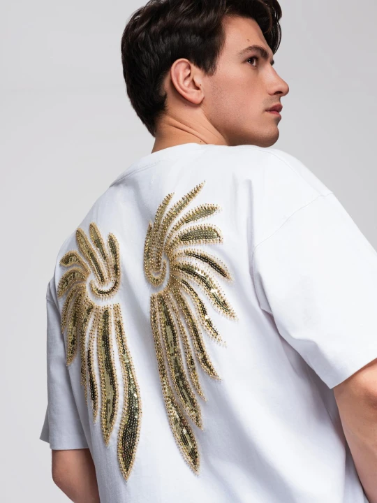 Zdjęcie produktu Męska bawełniana koszulka z cekinowym motywem skrzydeł na plecach - biała V2 - Rozmiar: XL Ombre Clothing
