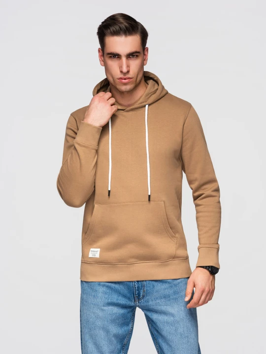 Zdjęcie produktu Męska bluza bawełniana dresowa BASIC kangurka z kapturem OM-SSBN-0270 - Rozmiar: L Ombre Clothing brązowy