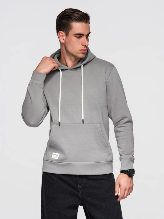 Zdjęcie produktu Męska bluza bawełniana dresowa BASIC kangurka z kapturem OM-SSBN-0270 - Rozmiar: L Ombre Clothing szary