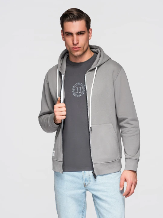 Zdjęcie produktu Męska bluza bawełniana dresowa BASIC rozpinana z kapturem - szara V8 - Rozmiar: XL Ombre Clothing