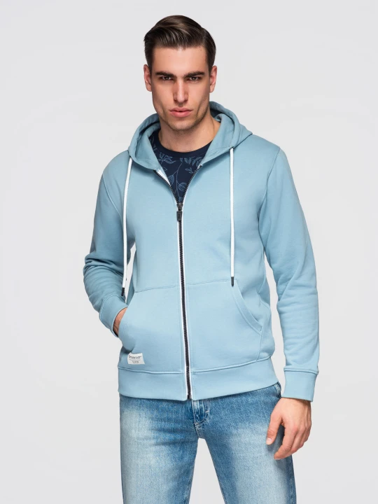 Zdjęcie produktu Męska bluza bawełnina dresowa BASIC rozpinana z kapturem - niebieska V7 - Rozmiar: M Ombre Clothing