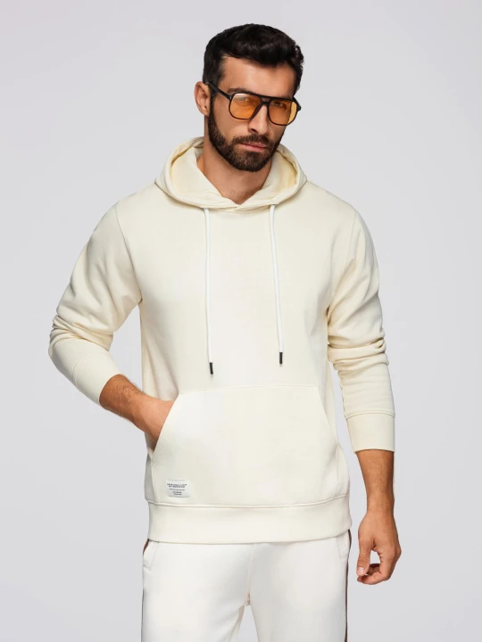 Zdjęcie produktu Męska bluza dresowa BASIC kangurka z kapturem - kremowa V11 - Rozmiar: S Ombre Clothing kremowy