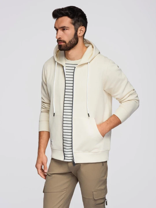 Zdjęcie produktu Męska bluza dresowa BASIC rozpinana z kapturem - kremowa V11 - Rozmiar: S Ombre Clothing kremowy