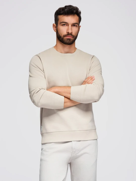 Zdjęcie produktu Męska bluza dresowa BASIC z okrągłym dekoltem - jasnobeżowa V1 Ombre Clothing beżowy
