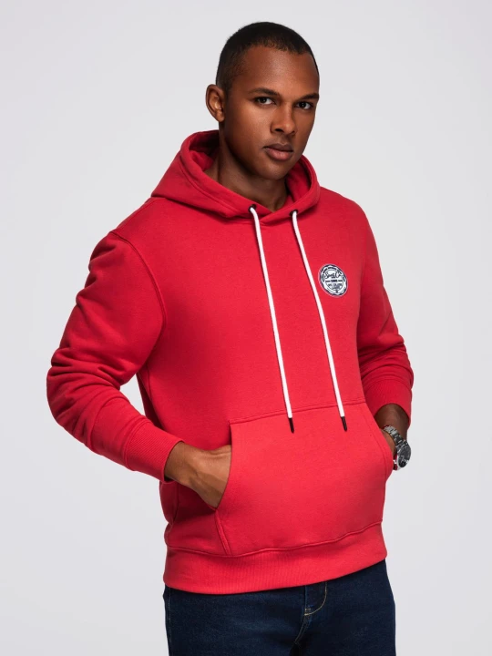 Zdjęcie produktu Męska bluza dresowa kangurka z kapturem i naszywką w stylu college – czerwona V1 - Rozmiar: XL Ombre Clothing