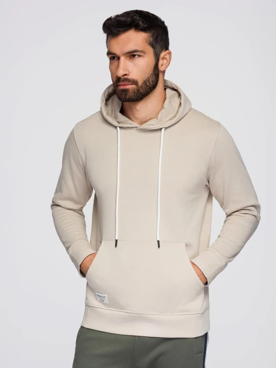 Zdjęcie produktu Męska bluza dresowa kangurka z kapturem - jasnobeżowa V1 - Rozmiar: XL Ombre Clothing beżowy