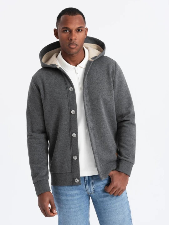 Zdjęcie produktu Męska bluza dresowa z kapturem zapinana na guziki – grafitowy melanż V4 Ombre Clothing