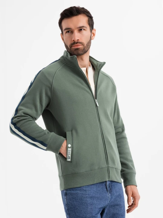 Zdjęcie produktu Męska bluza dresowa z wysokim kołnierzem i lampasami – oliwkowa V2 - Rozmiar: XL Ombre Clothing oliwkowy