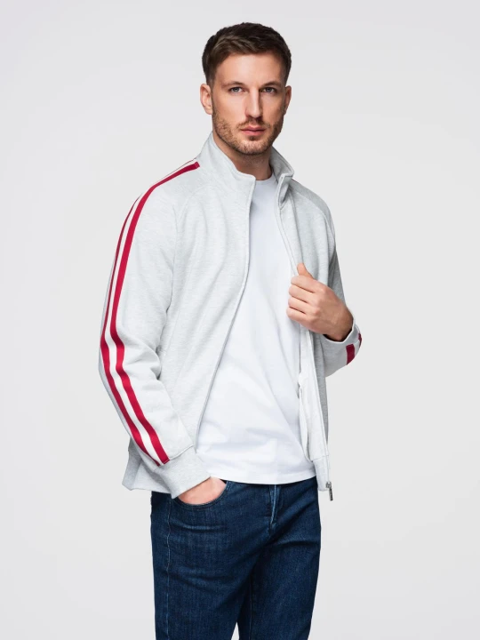 Zdjęcie produktu Męska bluza dresowa z wysokim kołnierzem i lampasami – szary melanż V1 Ombre Clothing