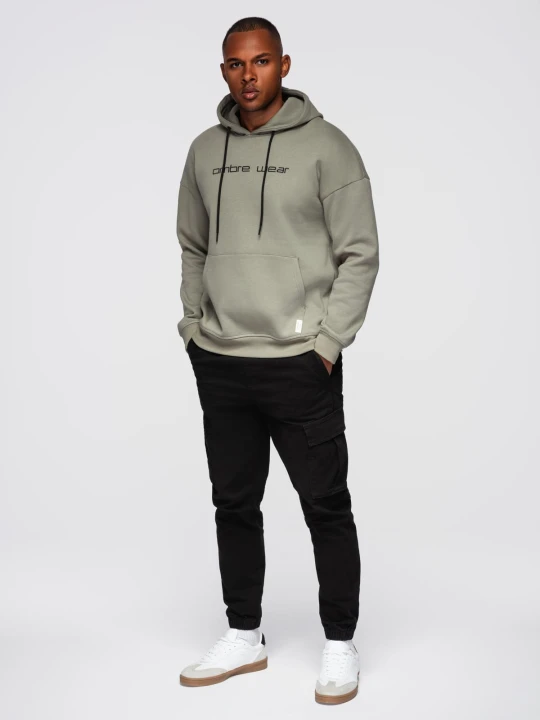 Zdjęcie produktu Męska bluza kangurka z haftem i kapturem – khaki V3 - Rozmiar: S Ombre Clothing
