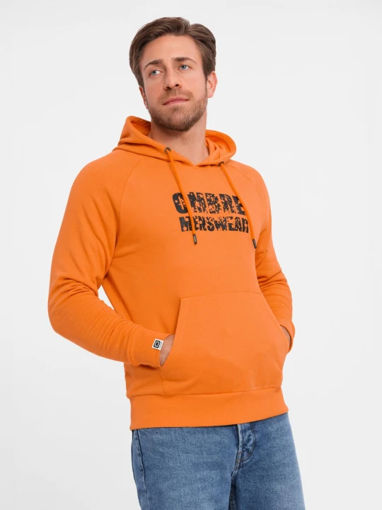 Zdjęcie produktu Męska bluza kangurka z kapturem i nadrukiem - pomarańczowa V1 - Rozmiar: L Ombre Clothing
