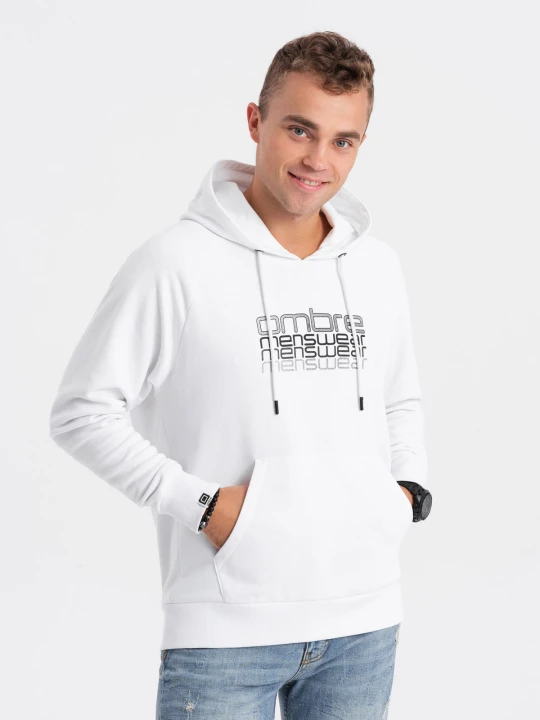 Zdjęcie produktu Męska bluza nierozpinana z kapturem i nadrukiem - biała V1 - Rozmiar: L Ombre Clothing