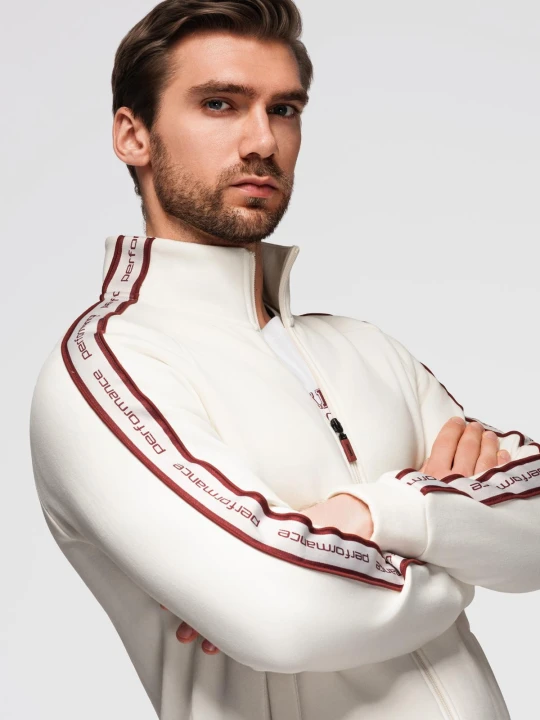 Zdjęcie produktu Męska bluza rozpinana z lampasami i wysoką stójką – kremowa V2 - Rozmiar: L Ombre Clothing kremowy