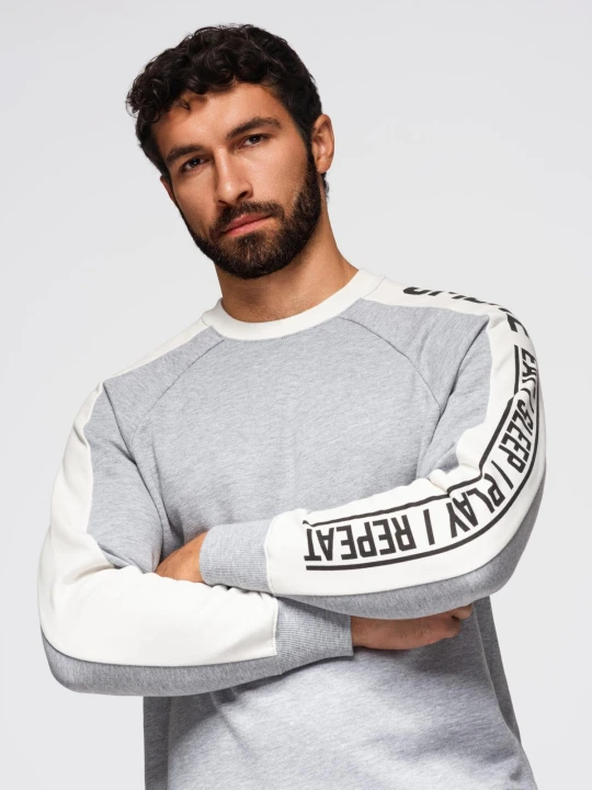 Zdjęcie produktu Męska bluza z kontrastowymi lampasami i raglanowym rękawem – szary melanż V2 - Rozmiar: L Ombre Clothing