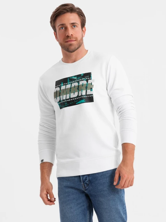 Zdjęcie produktu Męska bluza z nadrukiem zakładana przez głowę - biała V1 - Rozmiar: M Ombre Clothing