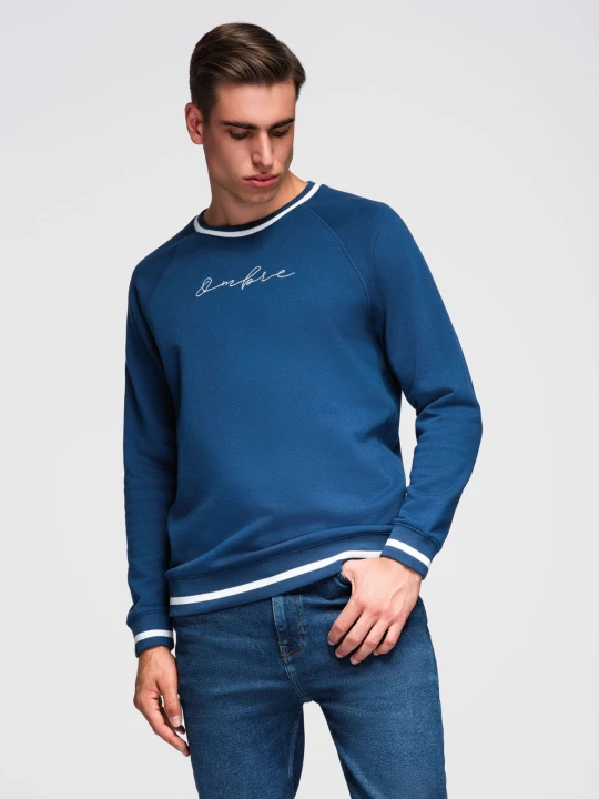 Zdjęcie produktu Męska bluza z raglanowym rękawem i kontrastowymi detalami – ciemnoniebieska V1 - Rozmiar: XS Ombre Clothing ciemnoniebieski