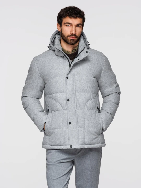 Zdjęcie produktu Męska casualowa kurtka puffer z wełną – jasnoszary melanż V3 - Rozmiar: S Ombre Clothing