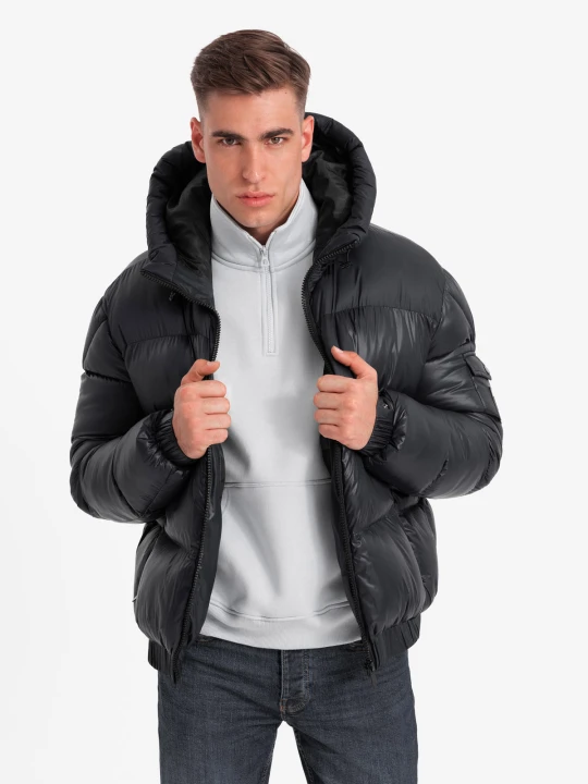 Zdjęcie produktu Męska ciepła kurtka puffer ze ściągaczami – czarna V1 - Rozmiar: XL Ombre Clothing