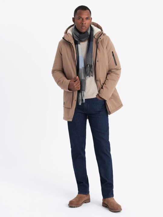 Zdjęcie produktu Męska długa kurtka parka z kożuszkiem – beżowa V1 - Rozmiar: XL Ombre Clothing