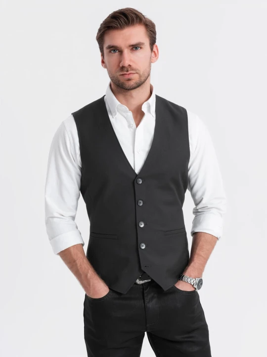 Zdjęcie produktu Męska dopasowana kamizelka z rayonem i marmurkowymi guzikami – czarna V4 Ombre Clothing