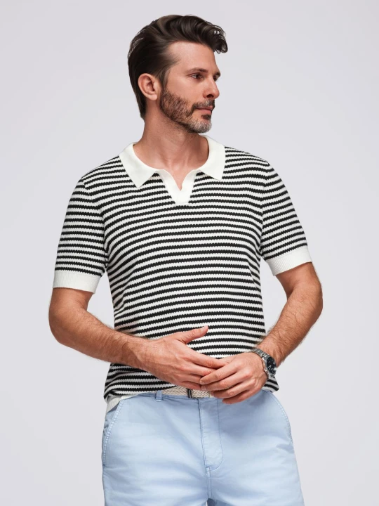 Zdjęcie produktu Męska dzianinowa koszulka polo bez guzików w marynarskie paski – czarno-biała V1 Ombre Clothing