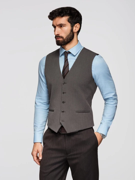 Zdjęcie produktu Męska elegancka kamizelka w jodełkę SLIM FIT - grafitowa V2 - Rozmiar: XL Ombre Clothing grafitowy