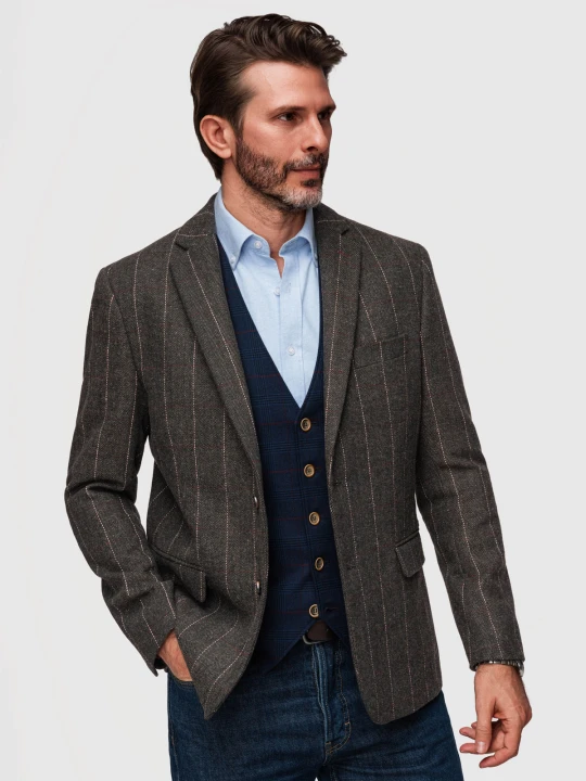 Zdjęcie produktu Męska elegancka marynarka w delikatną kratę z domieszką wełny – ciemnobrązowa V3 - Rozmiar: XL Ombre Clothing grafitowy