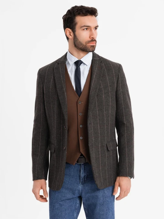Zdjęcie produktu Męska elegancka marynarka w kratkę z domieszką wełny – ciemnobrązowa V3 Ombre Clothing grafitowy