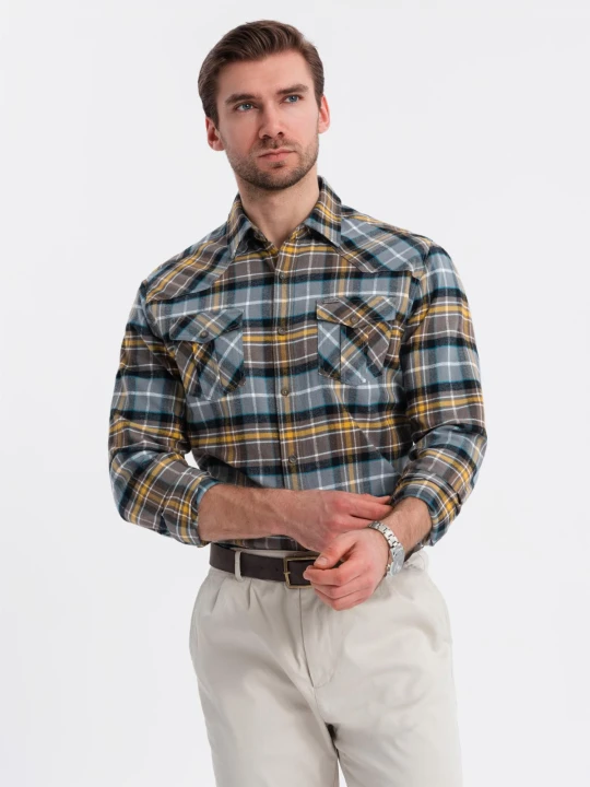 Zdjęcie produktu Męska flanelowa koszula w kratę z kieszeniami - szaro-żółta V1 Ombre Clothing