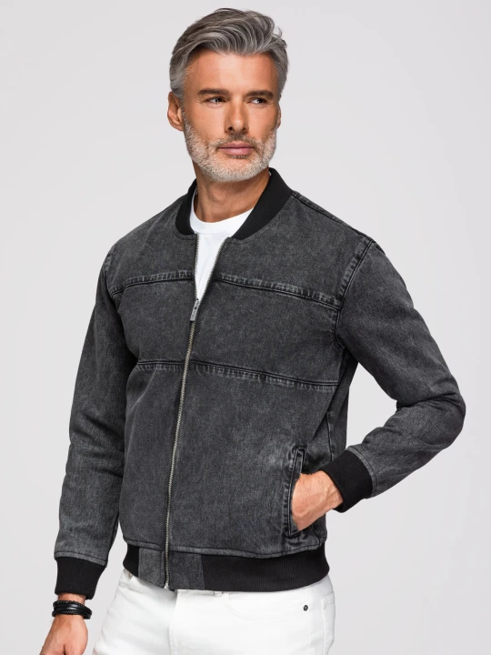 Zdjęcie produktu Męska jeansowa kurtka bomberka z efektem stone wash – czarna V2 - Rozmiar: XXL Ombre Clothing