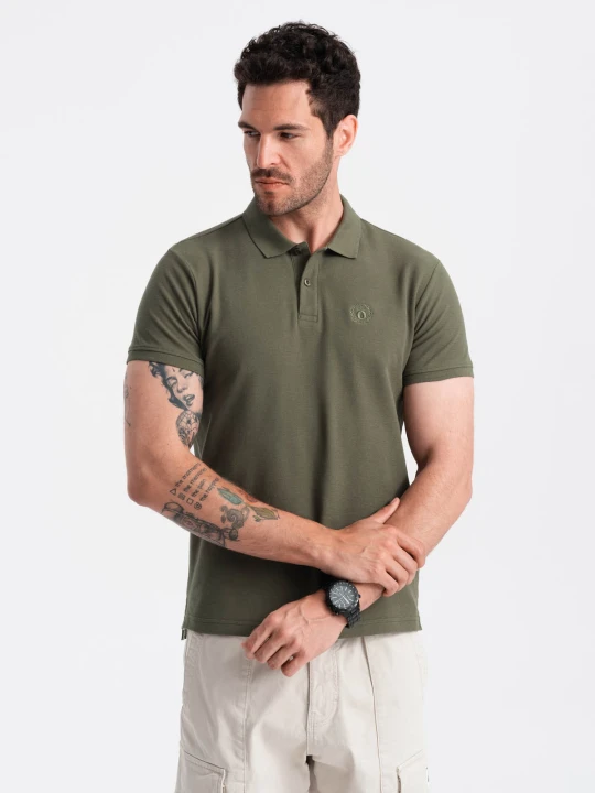 Zdjęcie produktu Męska jednokolorowa koszulka polo BASIC z dzianiny pique - ciemnooliwkowa V6 Ombre Clothing oliwkowy