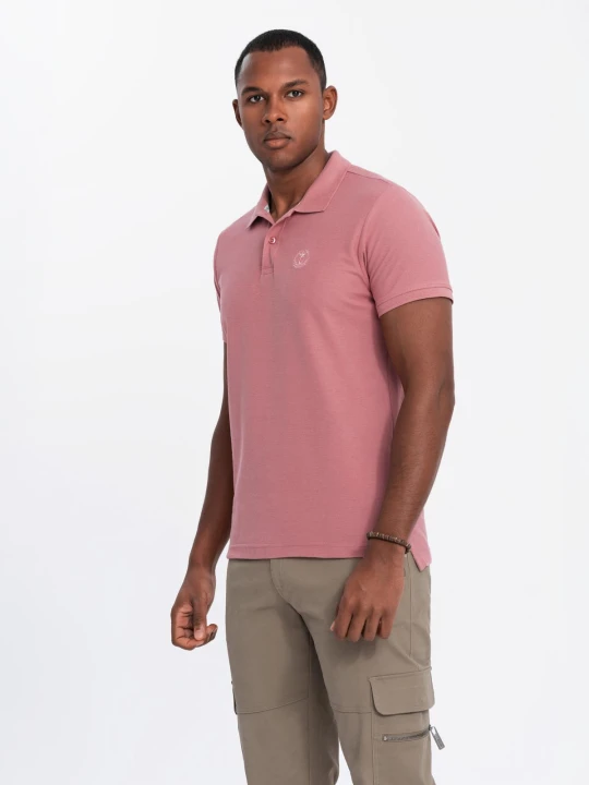 Zdjęcie produktu Męska jednokolorowa koszulka polo BASIC z dzianiny pique - ciemnoróżowa V7 - Rozmiar: M Ombre Clothing różowy