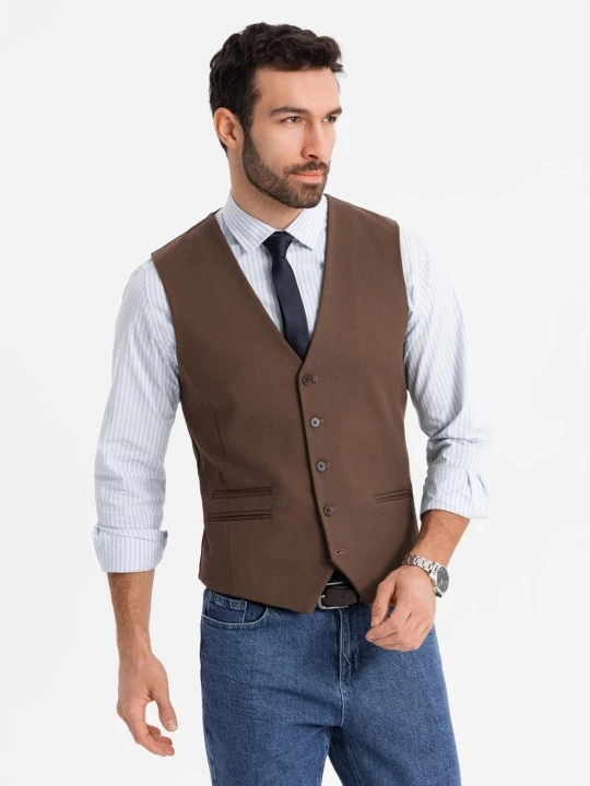 Zdjęcie produktu Męska kamizelka garniturowa z klasycznym detalem i podszewką – brązowa V2 - Rozmiar: L Ombre Clothing